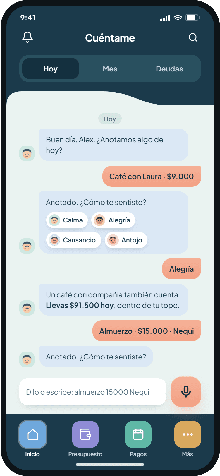 Vista previa del diseño: conversación para registrar un gasto por voz o texto y elegir cómo te sentiste