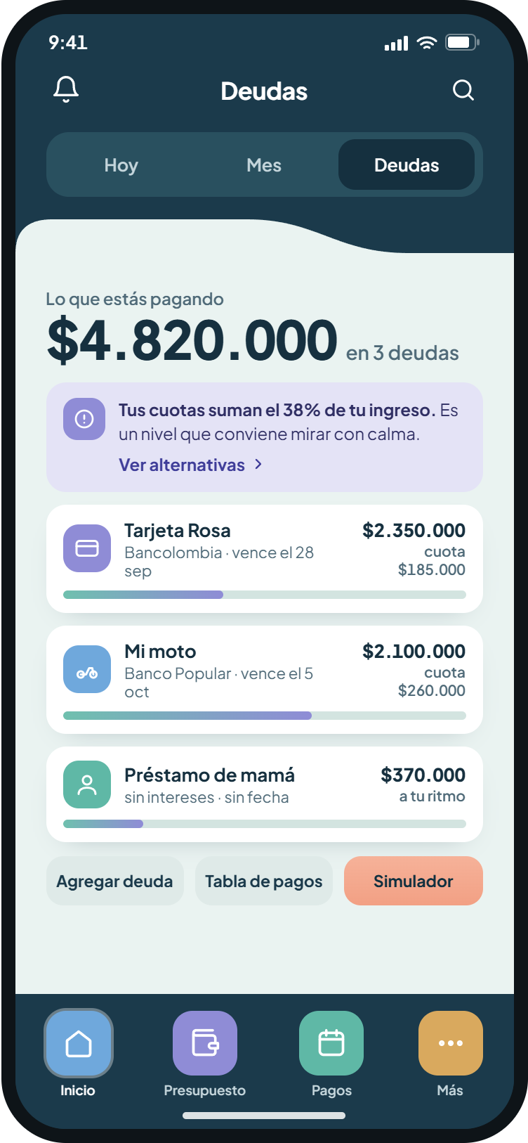 Módulo de deudas con simulador de cuotas