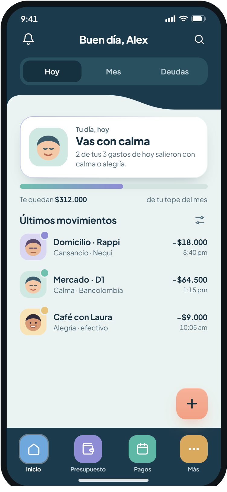 Pantalla de inicio con el resumen del día