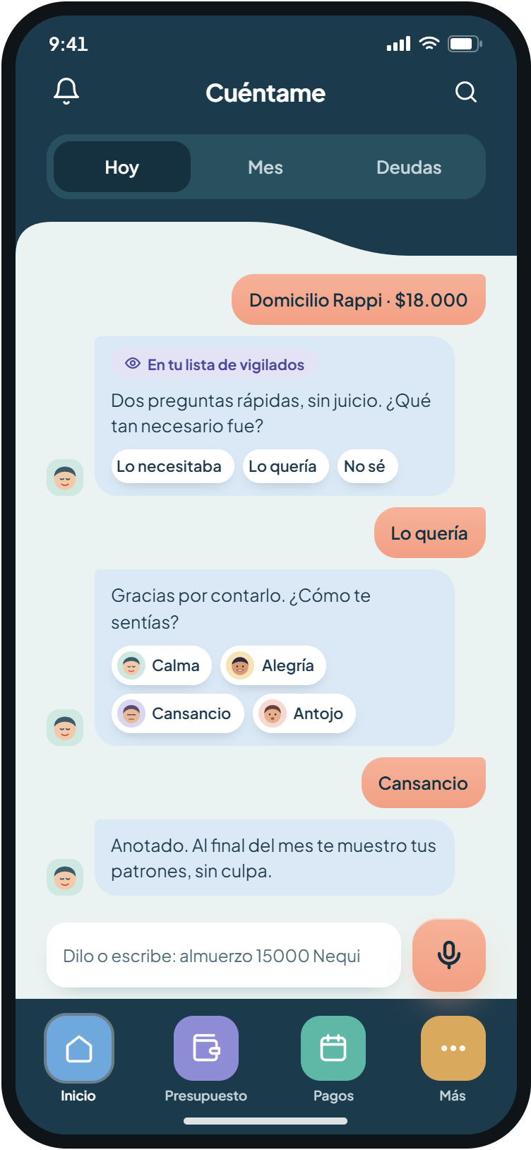 Registro de un gasto vigilado con dos preguntas sobre si era necesario y cómo te sentías